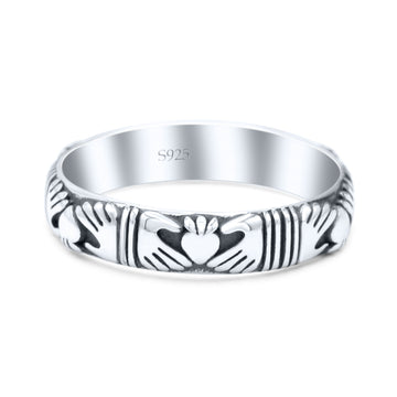 Irish Claddagh Friendship And Love Heart Inset Oxidized Rhodium Antique Band Thumb Ring